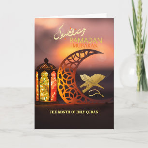 Tarjeta Elegante Ramadán Mubarak Sagrado Corán con Crecien