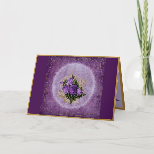 Tarjeta Elegante ramo morado con borde dorado (Anverso)