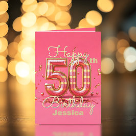 Tarjeta Elegante rayas rosadas y doradas 50 cumpleaños