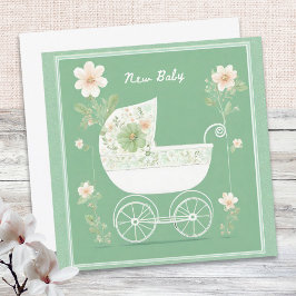 Tarjeta Elegante Recién nacido de flores de Pram Green de 