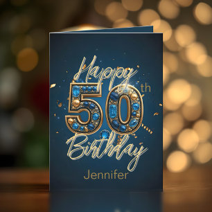 Tarjeta Elegante Regal Medianoche Azul y Oro 50 cumpleaños