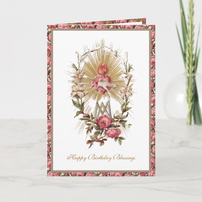 Tarjeta Elegante Religiosa Virgen Corazón de María Palomas (Anverso)