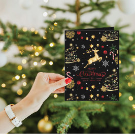 Tarjeta Elegante reno rojo morado árbol de Navidad