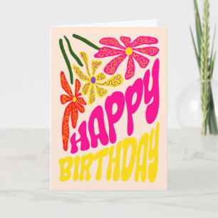 Tarjeta Elegante retro Groovy cumpleaños de flores hippie