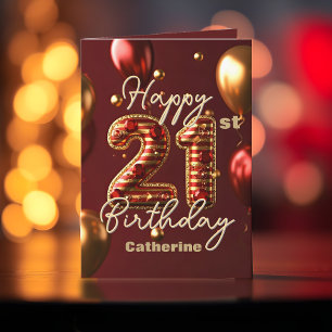 Tarjeta Elegante Rojo Burdeos y Dorado Cumpleaños 21