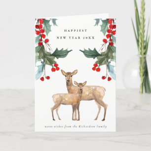 TARJETA ELEGANTE ROJO VERDE HOLLY BERRY DEER DUO AÑO NUEVO