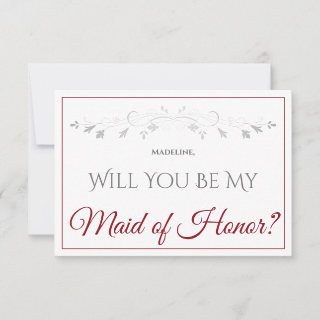Tarjeta Elegante rojo y blanco, sé mi doncella de honor (Anverso)