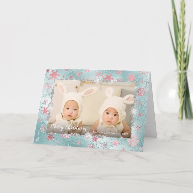 Tarjeta Elegante rosa azul copos de nieve personalizado fo (Anverso)