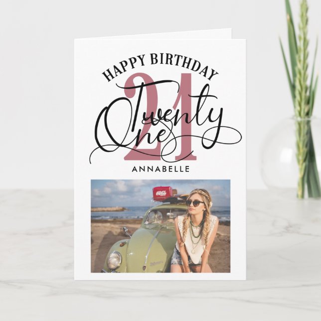Tarjeta Elegante Rosa Oro y Black 21st Birthday Photo (Anverso)