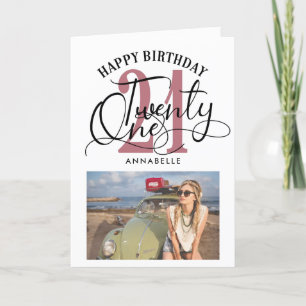 Tarjeta Elegante Rosa Oro y Black 21st Birthday Photo