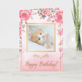 Tarjeta Elegante Rosa Rosa Cute Golden Kitten Cumpleaños