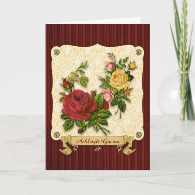 Tarjeta Elegante Roses Amarillas Rojas Damasco Recortes de (Anverso)