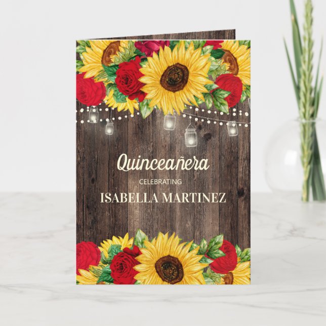 Tarjeta Elegante Roses Rojos Sunflowers Quinceañera (Anverso)