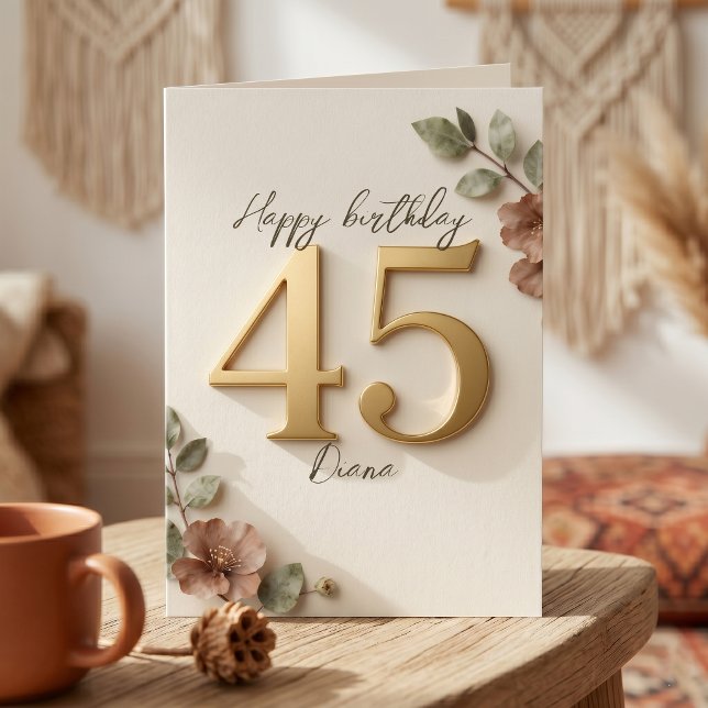 Tarjeta Elegante Rubor Botánico Falso Oro Cumpleaños 45 (Subido por el creador)