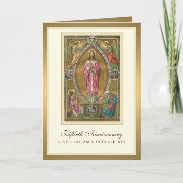 Tarjeta Elegante sacerdote Jesús de la Ordenación del 50°  (Anverso)