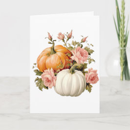 Tarjeta Elegante saludo de otoño de calabaza y flores rosa