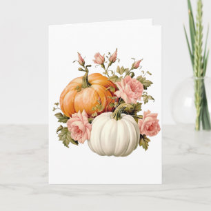 Tarjeta Elegante saludo de otoño de calabaza y flores rosa
