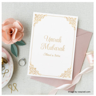 Tarjeta Elegante Saludo de Umrah Mubarak en Barroco Blanco