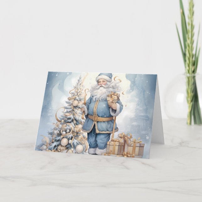 Tarjeta Elegante Santa Azul con diseño de árbol de Navidad (Anverso)