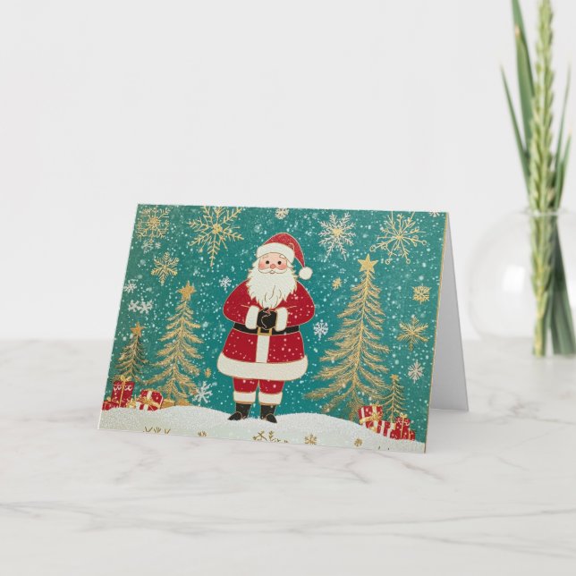 Tarjeta Elegante Santa con copas de nieve en Relieve metal (Anverso)