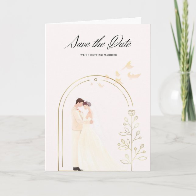 Tarjeta Elegante Save the Date Karte im Goldbogen mit Brau (Anverso)