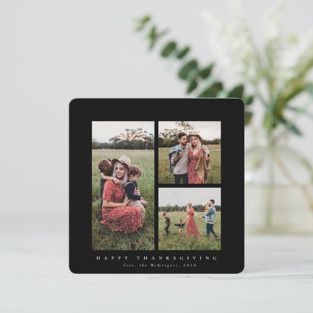 Tarjeta Elegante Square Triple Photo Happy Acción de Graci (Anverso de pie)