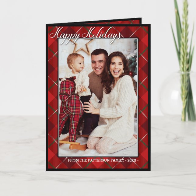 Tarjeta Elegante Tartan Modern Happy Holidays Family Photo (Anverso)