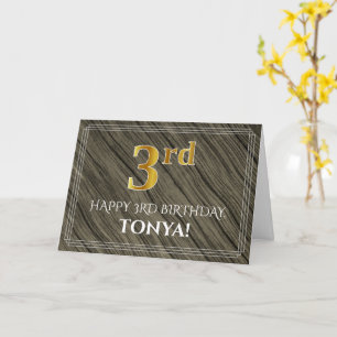 Tarjeta Elegante tercer cumpleaños: Faux Wood, Faux Gold L