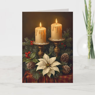 Tarjeta Elegante vela Navidad acebo pino cálido festivo 