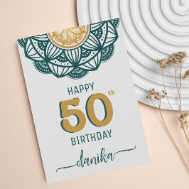 Tarjeta Elegante Verde azulado y dorado Mandala 50 cumplea