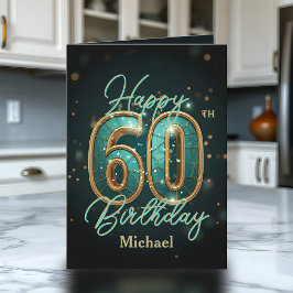 Tarjeta Elegante Verde azulado y Metálico Oro 60 cumpleaño