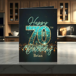 Tarjeta Elegante Verde azulado y Metálico Oro 70 cumpleaño