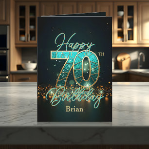 Tarjeta Elegante Verde azulado y Metálico Oro 70 cumpleaño