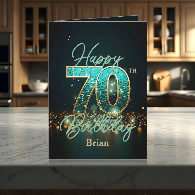 Tarjeta Elegante Verde azulado y Metálico Oro 70 cumpleaño (Subido por el creador)