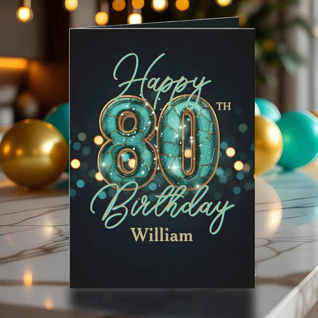 Tarjeta Elegante Verde azulado y Metálico Oro 80 cumpleaño (Subido por el creador)