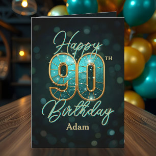 Tarjeta Elegante Verde azulado y Metálico Oro 90 cumpleaño