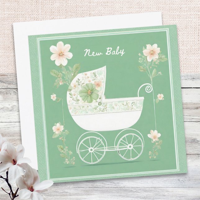 Tarjeta Elegante Verde Menta Flores de Cochecito de Bebé N (A pretty greeting card in green with pram picture, for celebrating the arrival of a new baby)