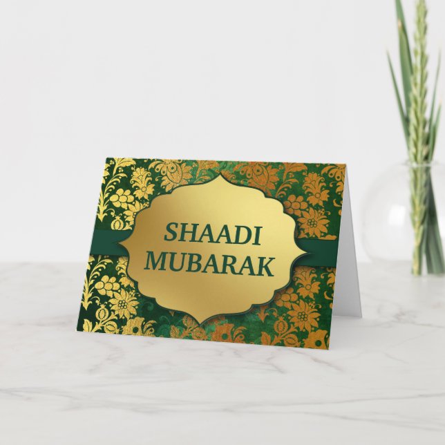 Tarjeta Elegante Verde y Dorado Shaadi Mubarak Floral (Anverso)