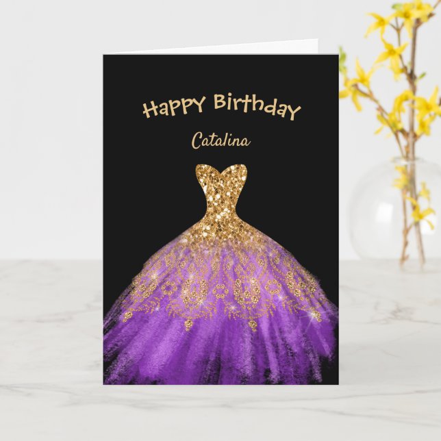 Tarjeta Elegante vestido de oro púrpura negro cumpleaños (flor amarilla)