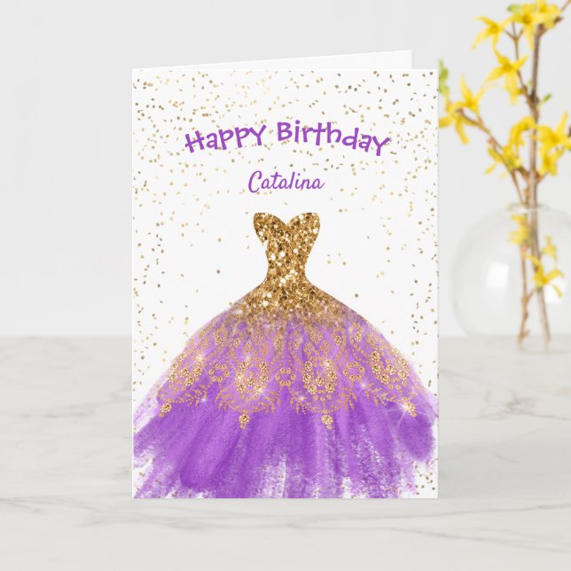 Tarjeta Elegante Vestido Purple Gold Cumpleaños (flor amarilla)