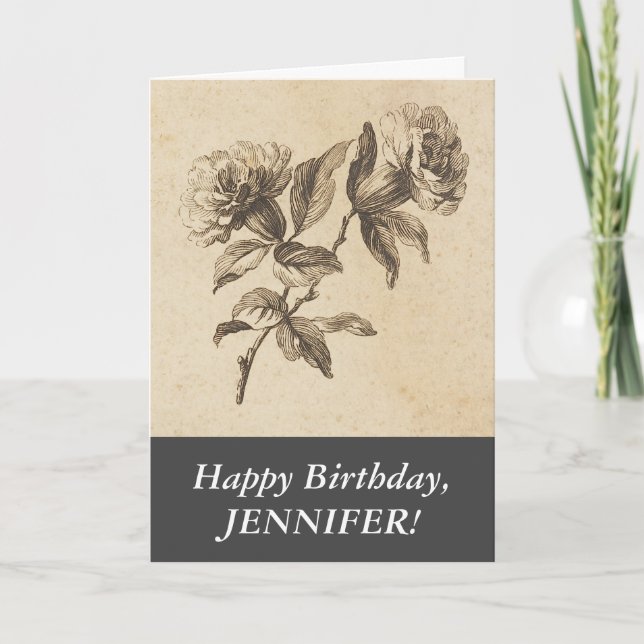 Tarjeta Elegante, viejo estilo de moda Flores Feliz cumple (Anverso)
