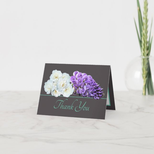 Tarjeta Elegante Wisteria Púrpura y Rosas Blancas Gracias (Anverso)