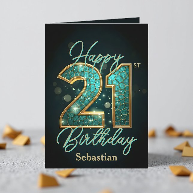 Tarjeta Elegante y brillante Verde azulado y oro 21 cumple (Subido por el creador)