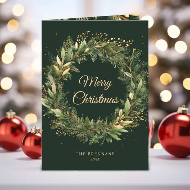 Tarjeta Elegante y elegante vacaciones de Navidades de oro (Stylish Elegant Green Gold Christmas Holiday Card)