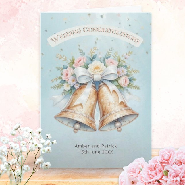 Tarjeta Elegantes campanas Bodas personalizadas de Bonito  (A personalized wedding Congratulations card for the newlywed couple, with bells, flowers and ribbon)