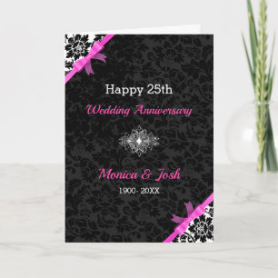 Tarjeta Elegantes damascos negros y blancos con cinta rosa