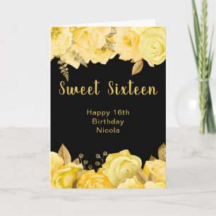 Tarjeta Elegantes flores amarillas y doradas Sweet Sixteen