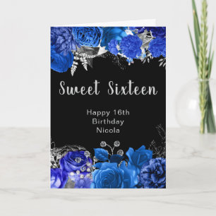 Tarjeta Elegantes flores azules y plateadas Sweet Sixteen