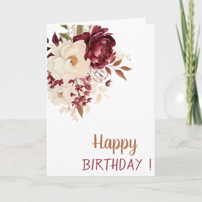 Tarjeta Elegantes Flores Blancas de Rosa de Borgoña Cumple (Anverso)