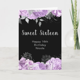 Tarjeta Elegantes flores de lila y plata Sweet Sixteen